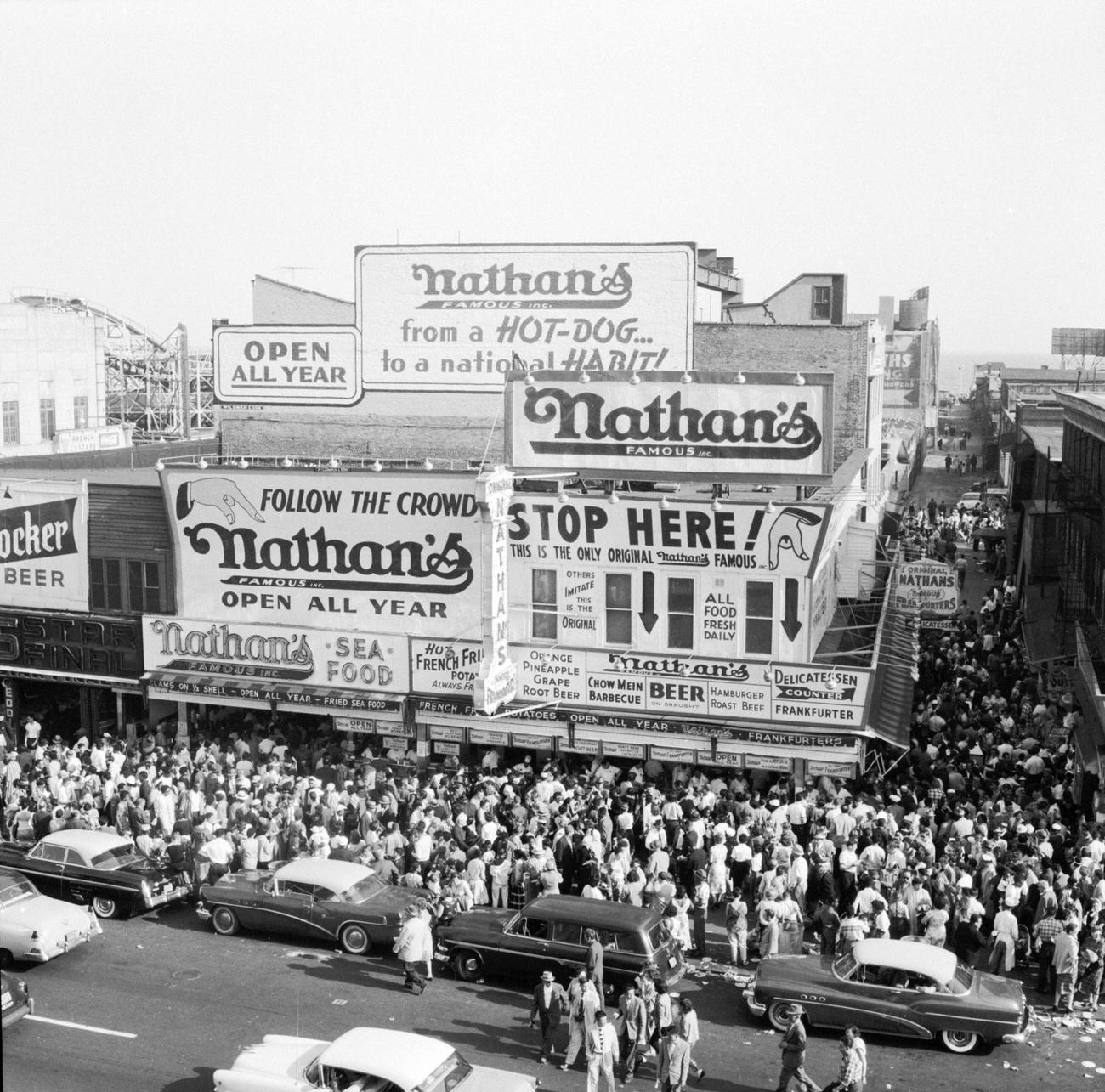 Crowd Outside Nathan'S Hot Dog Stand, 1955