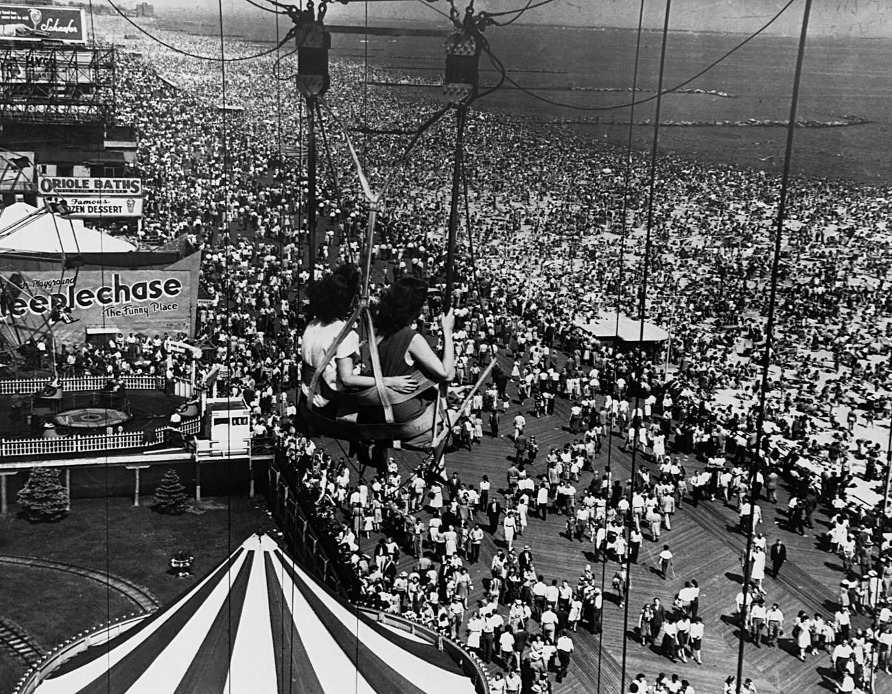 Sea Of People On Coney Island Beach: View From Parachute Jump Ride, 1950.