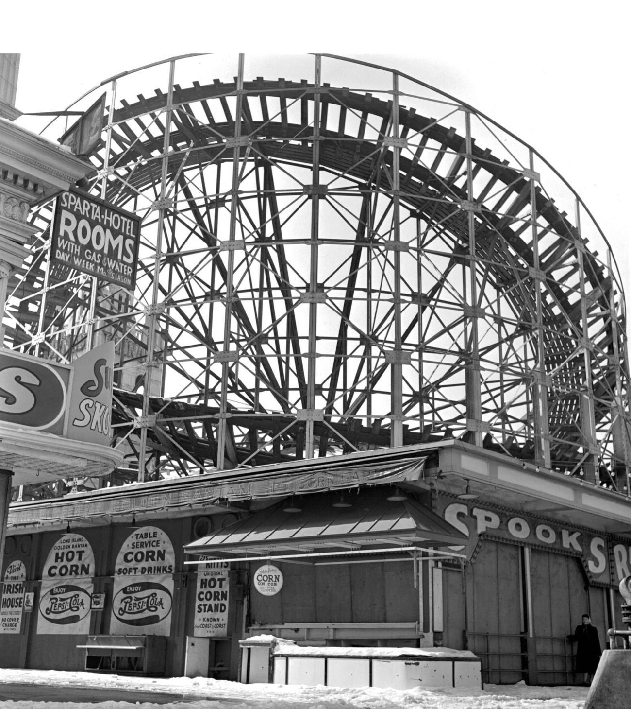Food Vendors Under Cyclone Roller Coaster, 1955
