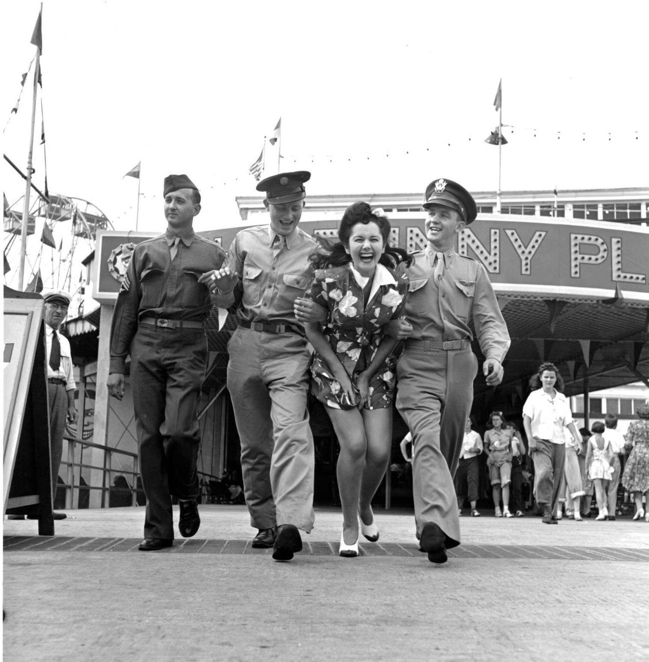 Soldiers And Woman Leaving Amusement Park, 1955