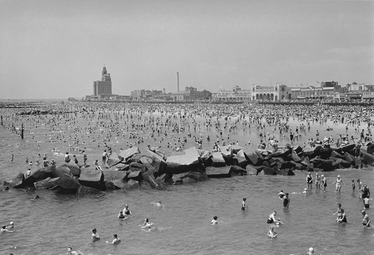 Crowded Coney Island Beach, Circa 1955
