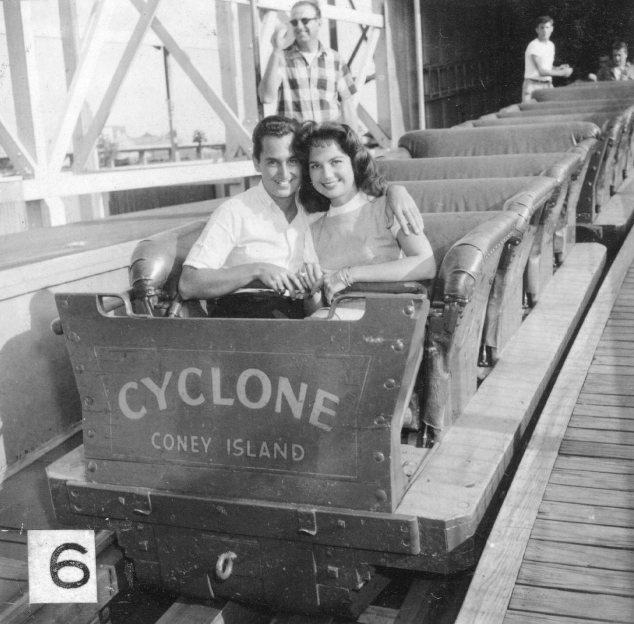 Neil Sedaka And Girlfriend Leba Strassberg On The Cyclone Roller Coaster, 1959