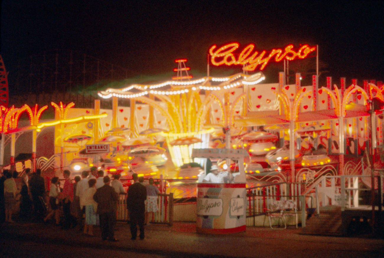 Night View Of Calypso Ride At Coney Island Amusement Park, 1961