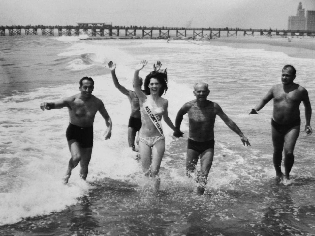 Miss Coney Island Arlene Shaw Takes Dip With Polar Bear Club, 1968