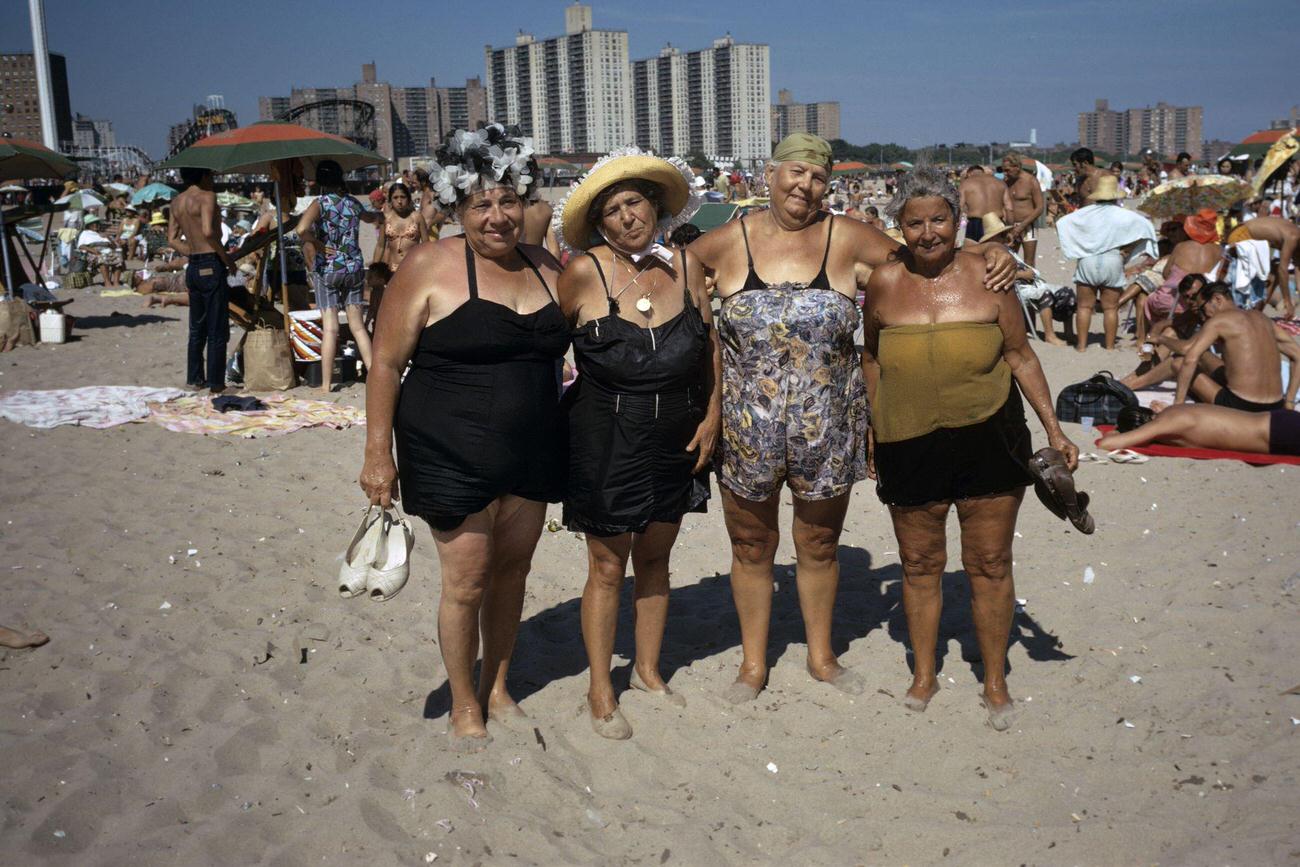 Four Women In Swimsuits Posing On Coney Island Beach, 1971
