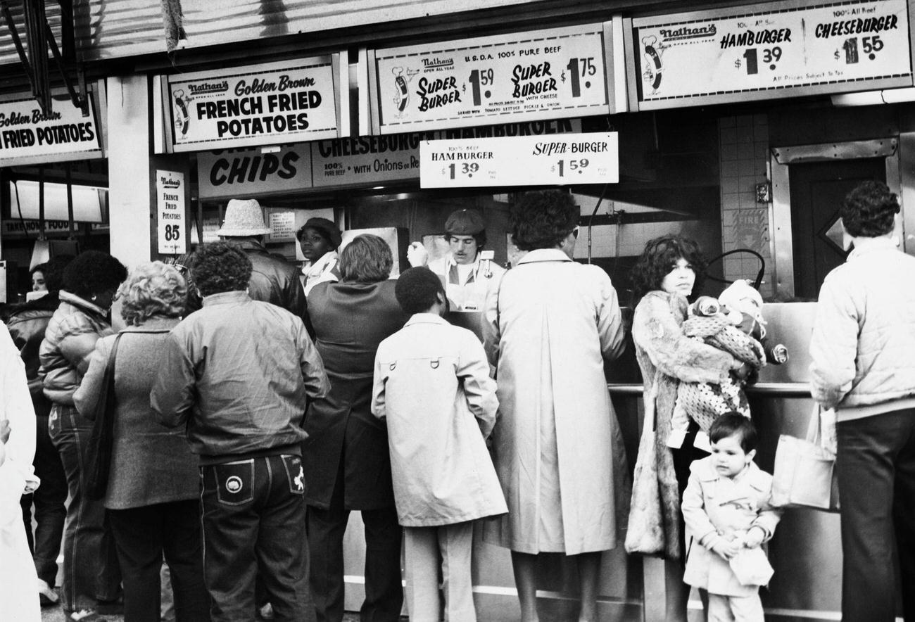 Customers Waiting At Nathan'S Sidewalk Food Stand, Coney Island, 1982