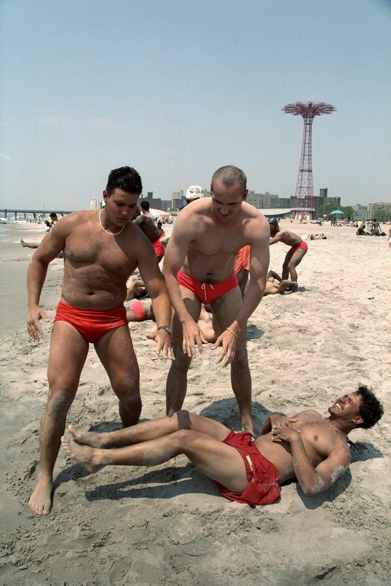 Lifeguards Doing Stomach Crunches At Coney Island Beach, June 10