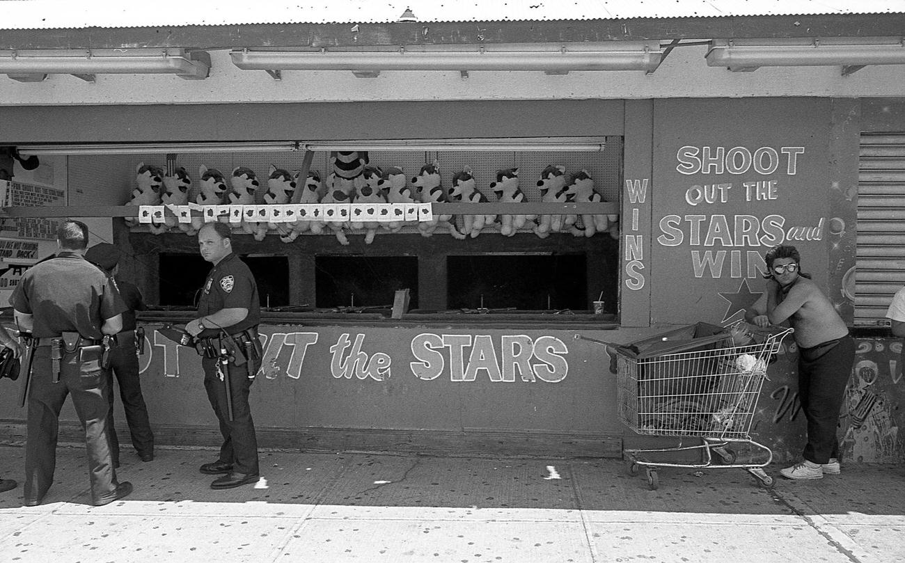 Nypd Officers By Gaming Booth In Astroland Park, Coney Island, 1997