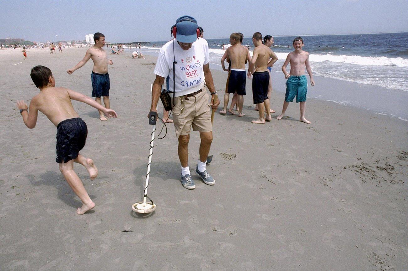Robert Fontaine Searches With Metal Detector On Coney Island Beach, 1990S