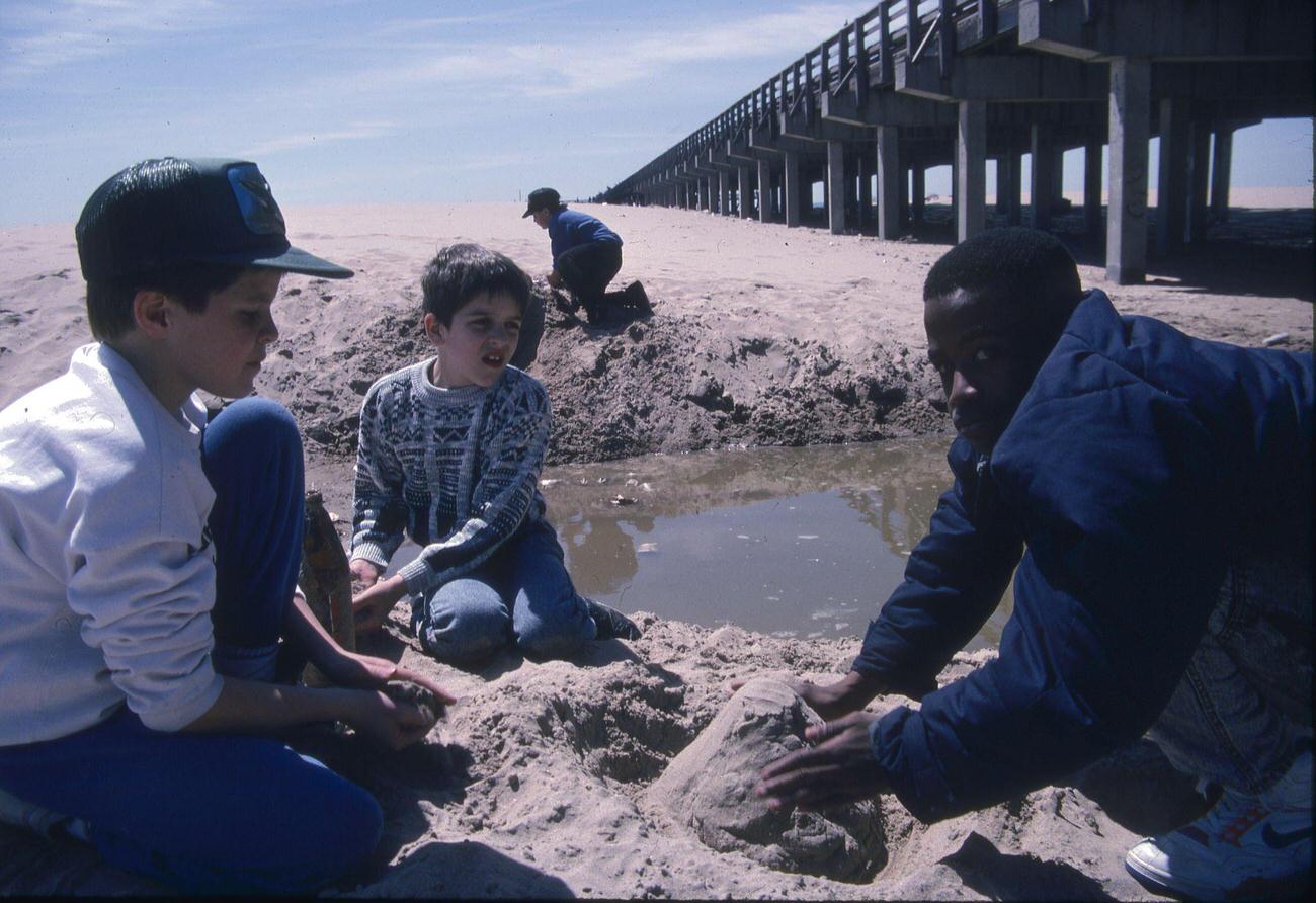 Kids Building Sand Castles In Coney Island, October 1991