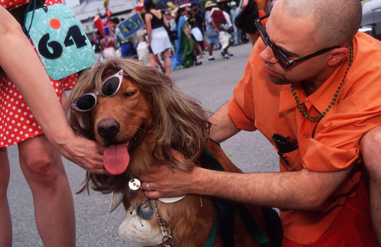 Man Pets His Dog At Mermaid Parade, 1996