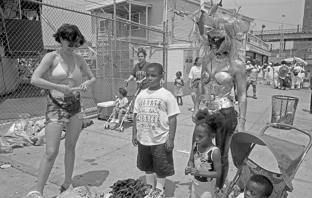 Children Pose With Masked Mermaid At Coney Island Mermaid Parade, 1997