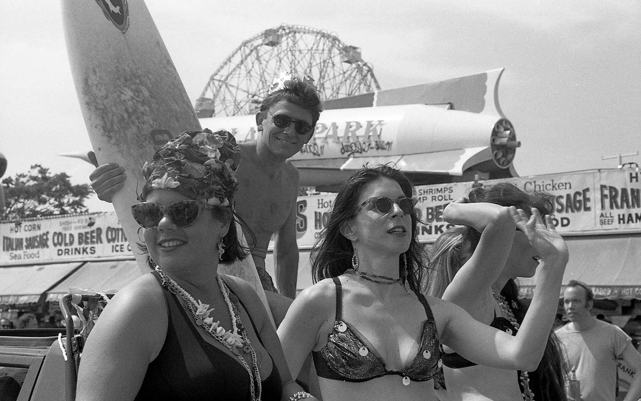 Women In Mermaid Costumes And Man Smile At Coney Island Mermaid Parade, 1997
