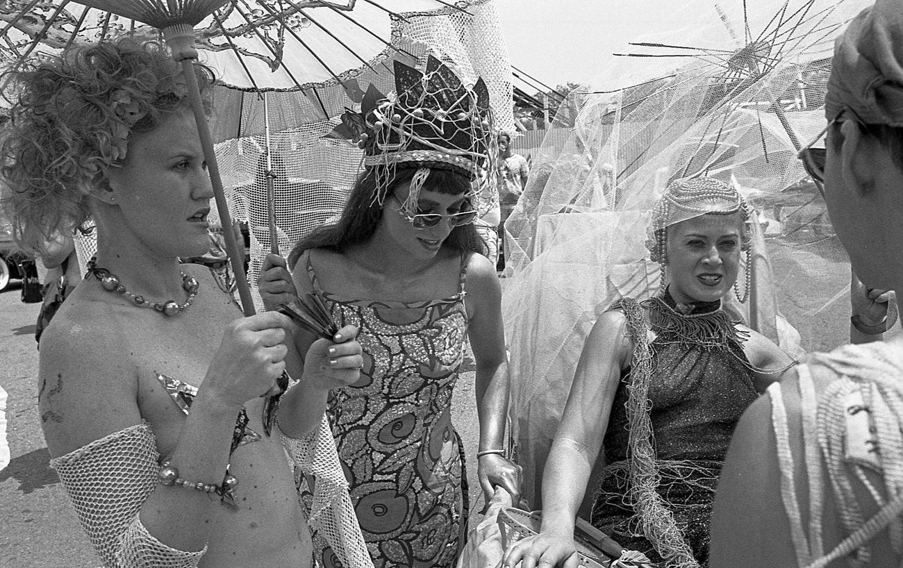 Women In Mermaid Costumes Talk At Coney Island Mermaid Parade, 1997