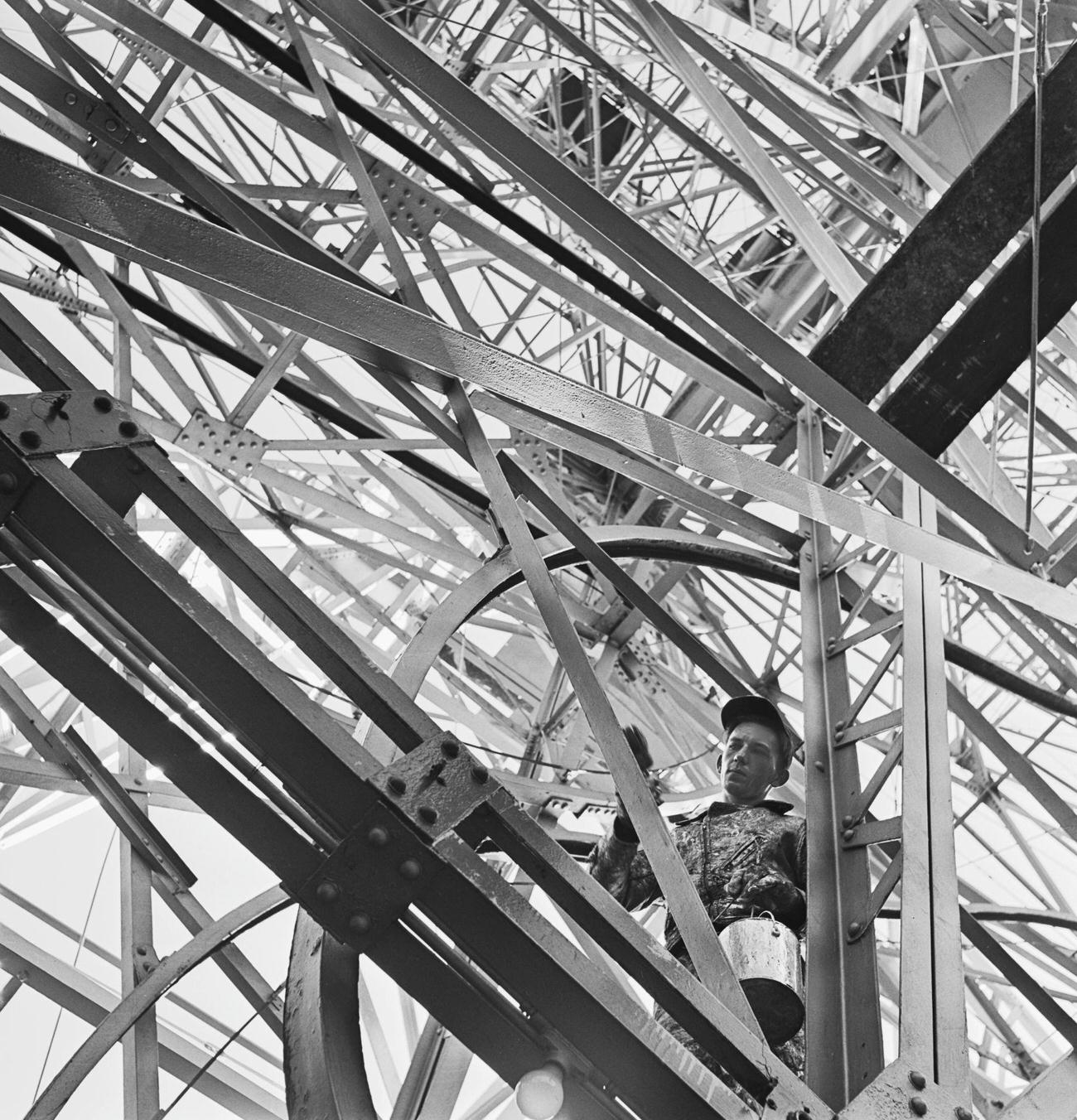 Worker Painting Ride Trestle At Coney Island, 1950