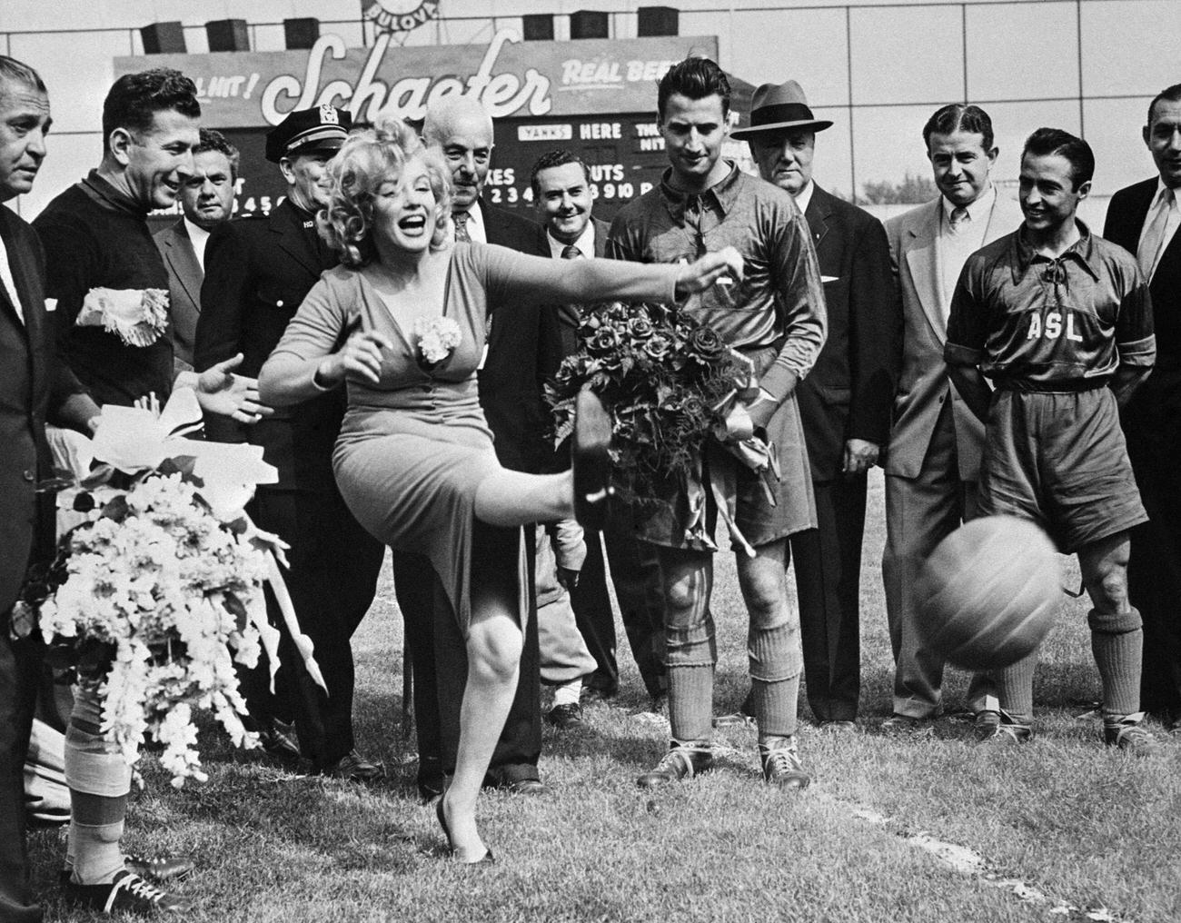 Marilyn Monroe Kicks Soccer Ball During Israel'S Hapoel Vs All-Stars Match, 1957