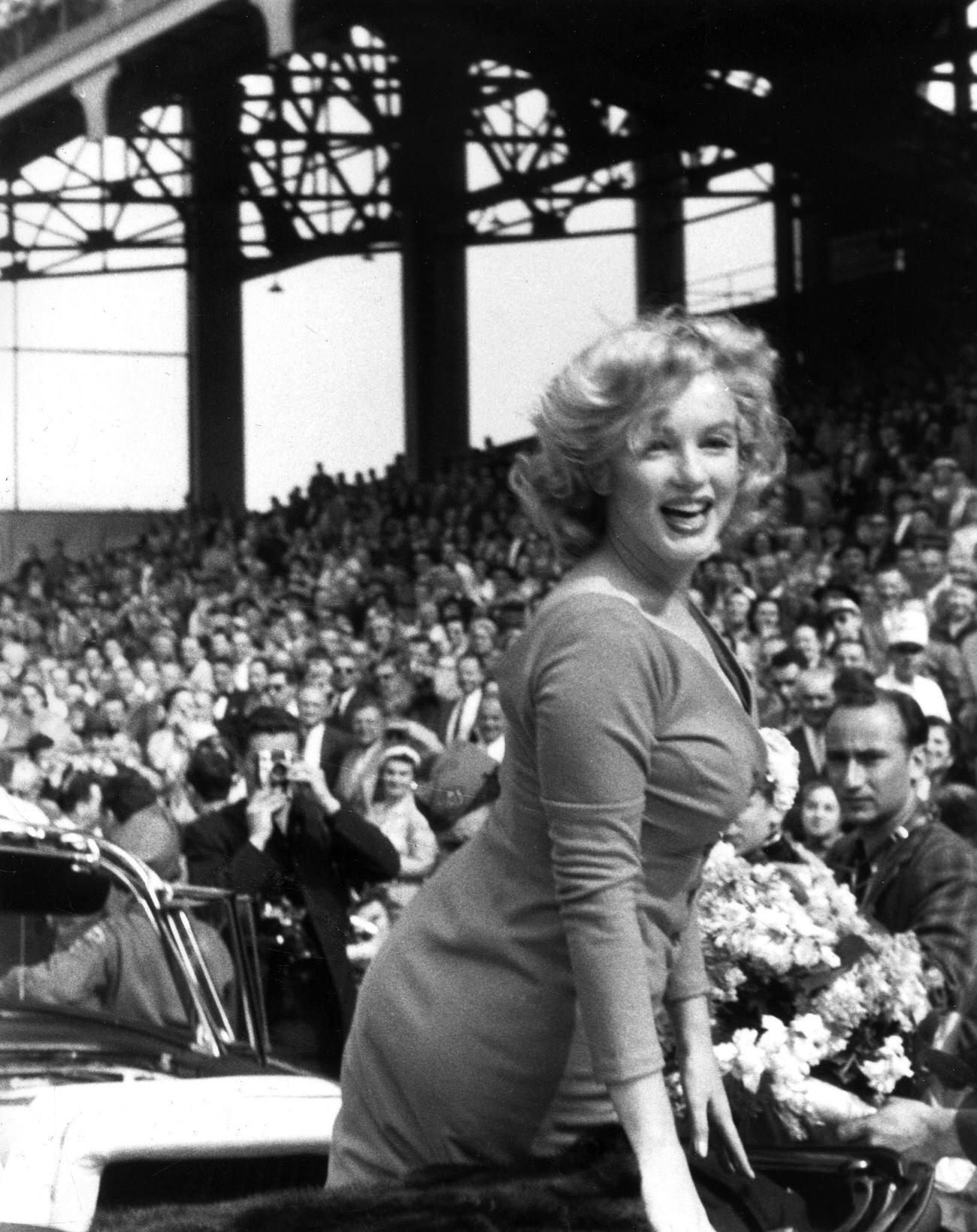 Marilyn Monroe In Convertible For Soccer Match Ceremony At Ebbets Field, 1957