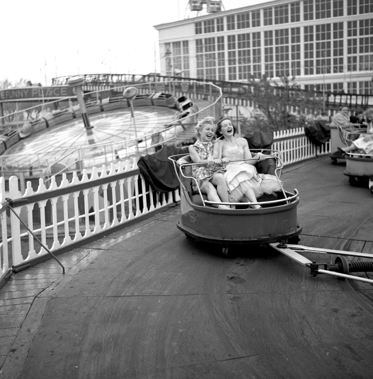 Cindy Robbins And Pat Conway Ride The Whip At Steeplechase Park, 1953.