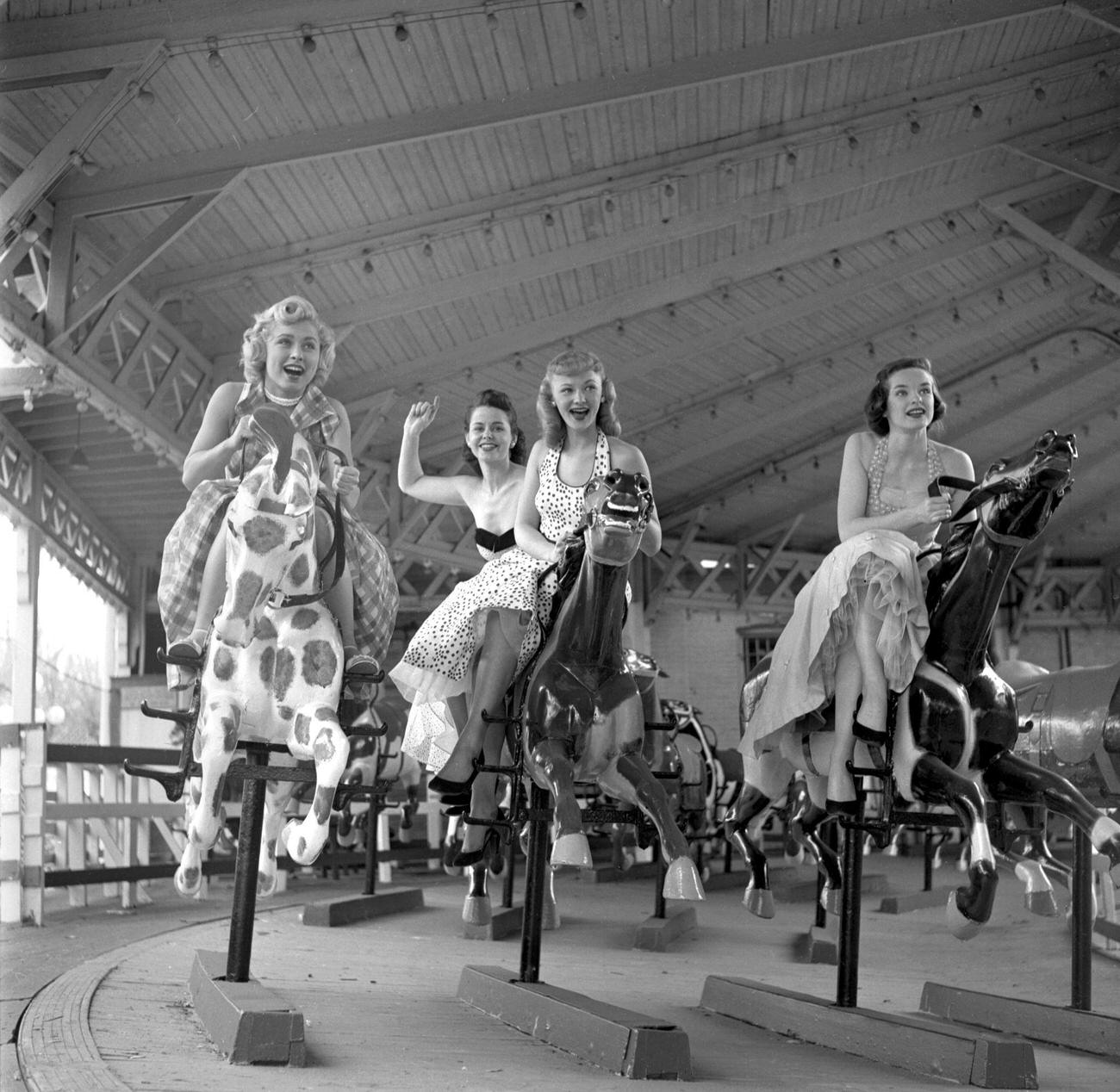 Cbs Models Ride The Great American Derby Racer At Steeplechase Park, 1953.