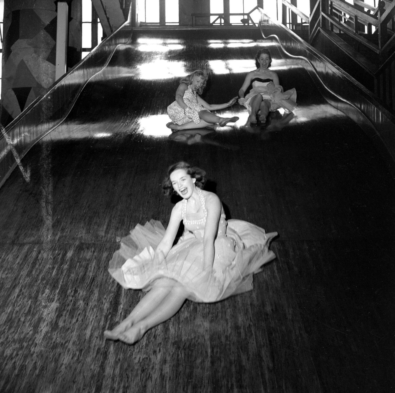 Cbs Models On The Giant Slide In The &Amp;Quot;Pavilion Of Fun&Amp;Quot; At Steeplechase Park, 1953.