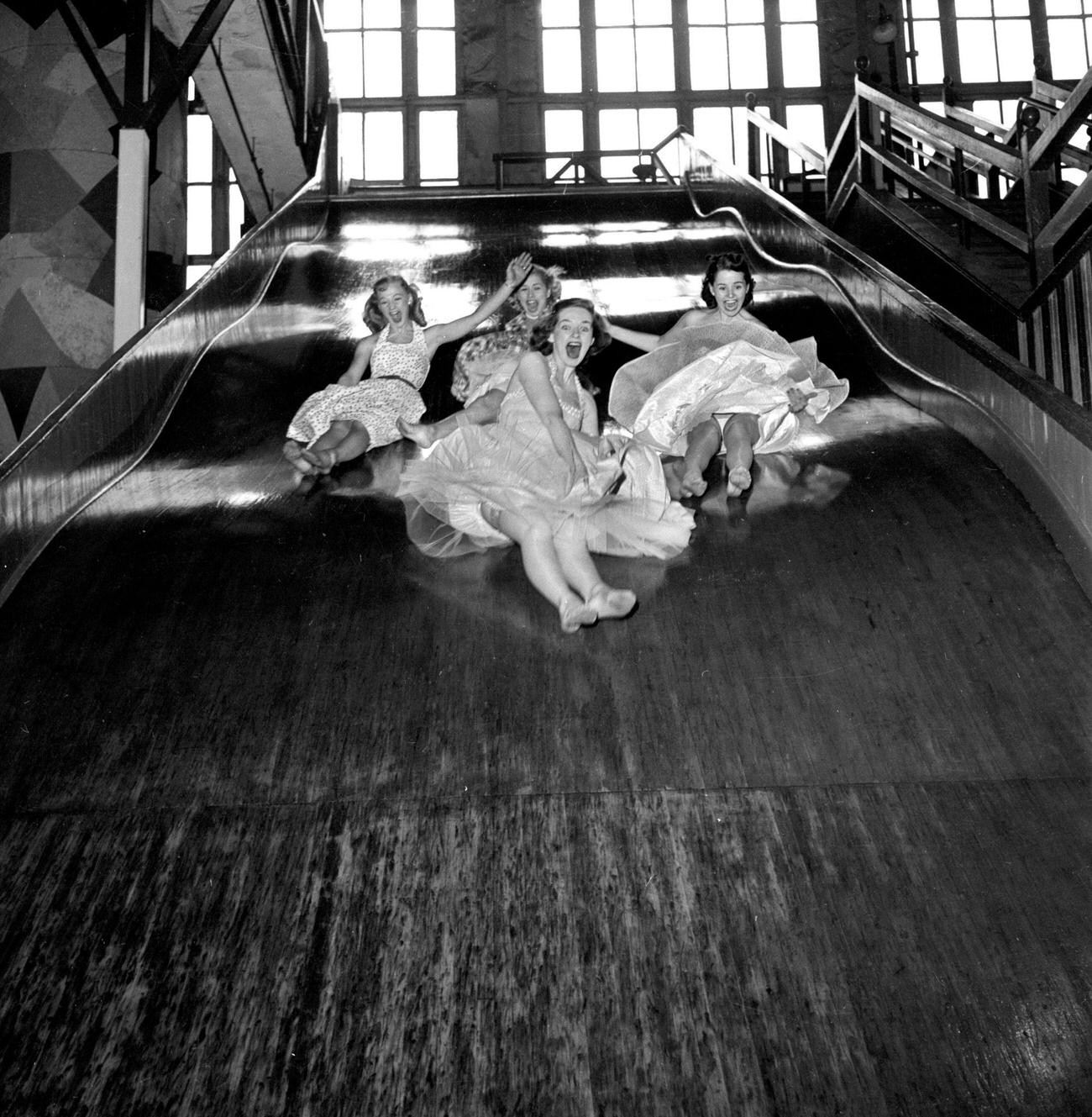 Cbs Models On The Giant Slide In The &Amp;Quot;Pavilion Of Fun&Amp;Quot; At Steeplechase Park, 1953.