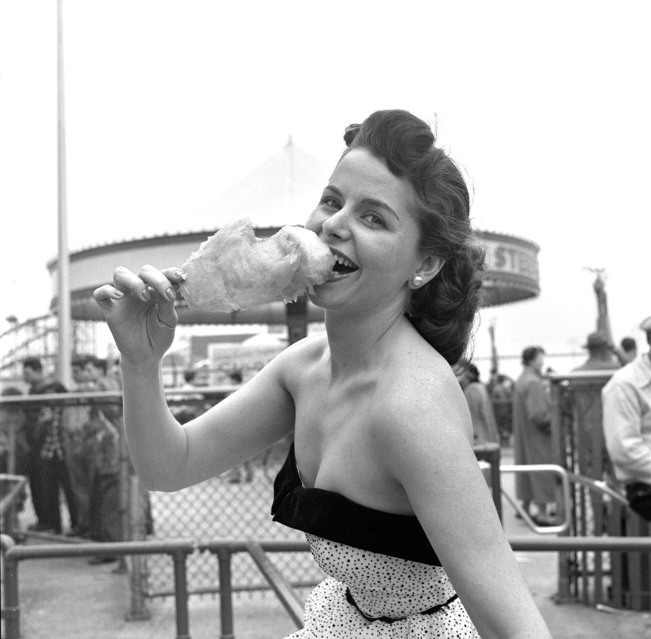 Cbs Model Marion James With Cotton Candy At Steeplechase Park, 1953.