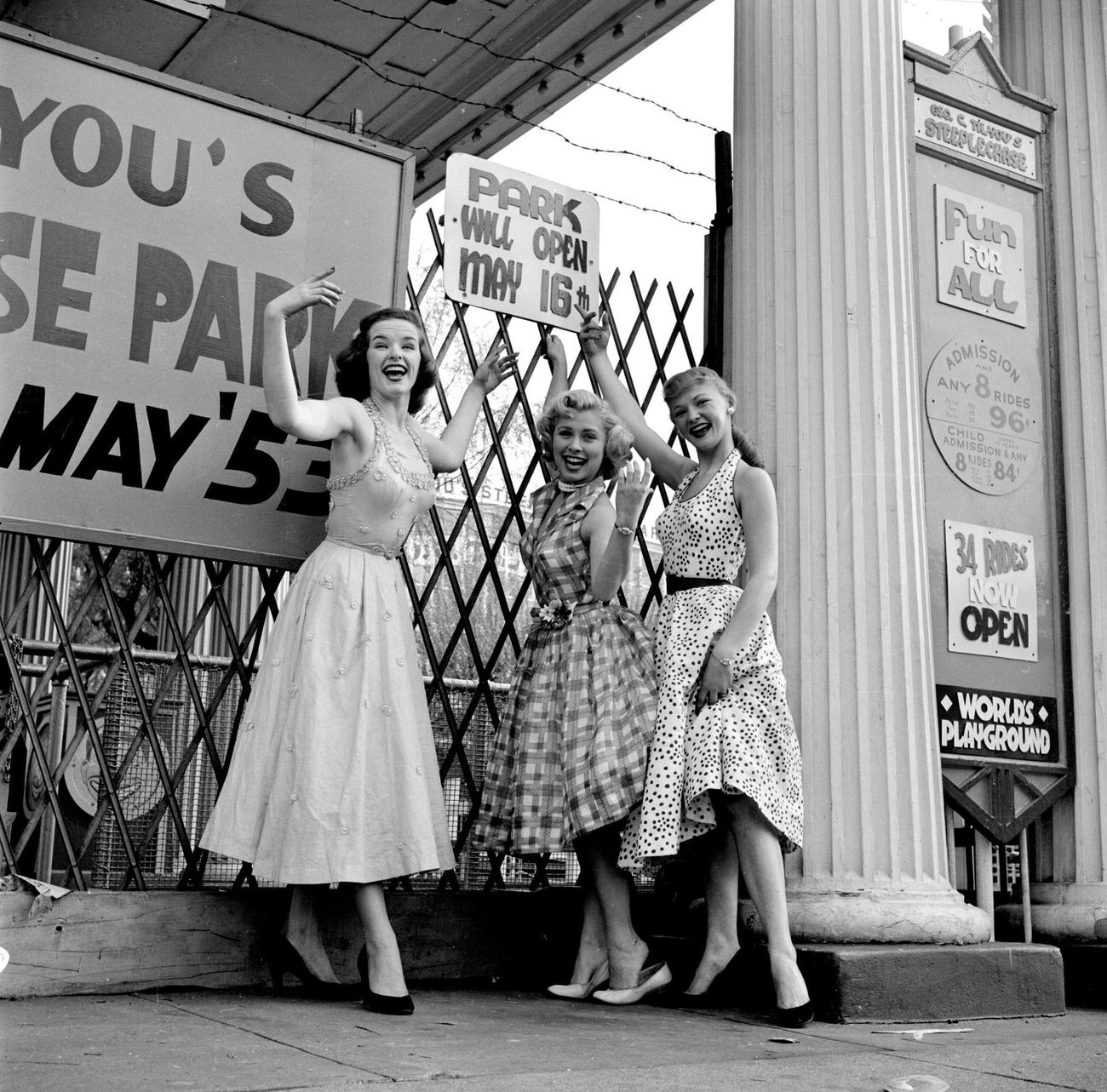 Pat Conway, Cindy Robbins, And Connie Mavis Pose At Steeplechase Park, 1953.