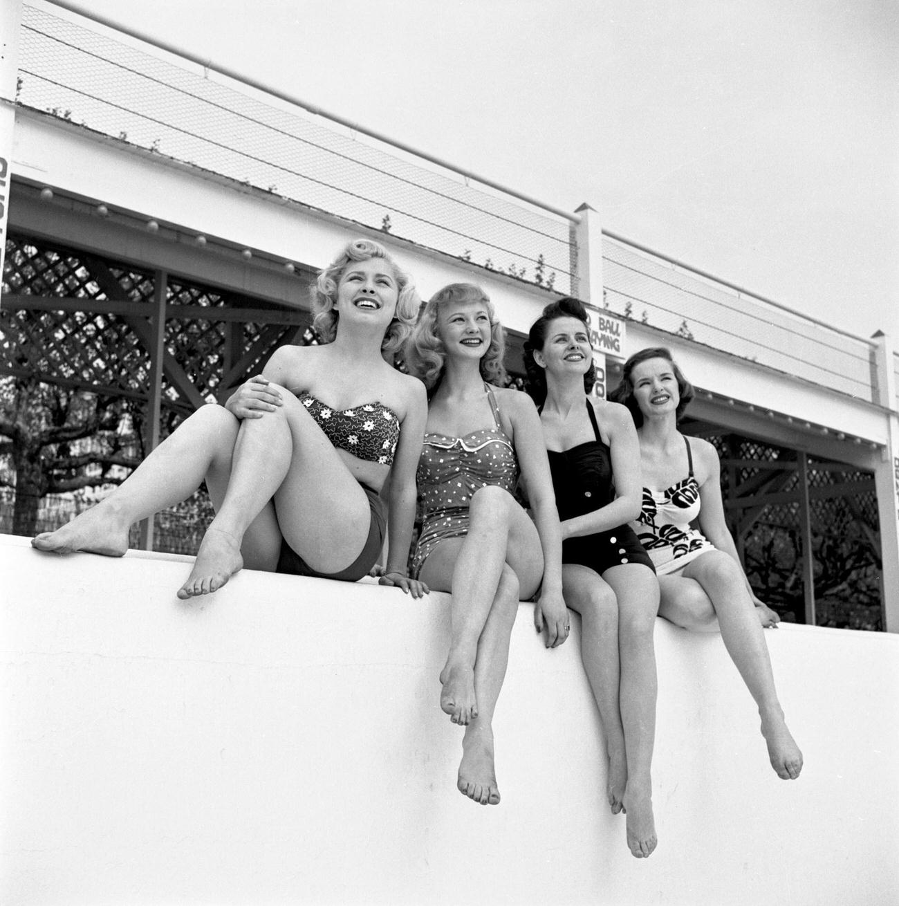 Cindy Robbins, Connie Mavis, Marion James, And Pat Conway By The Pool At Steeplechase Park, 1953.