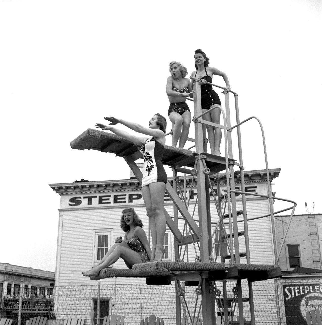 Cbs Models On The Diving Boards At Steeplechase Park, 1953.