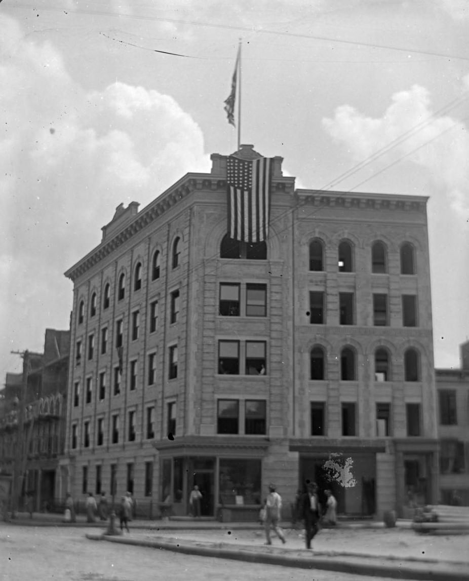 A Building Adorned With A Large American Flag In The Bronx, 1890S
