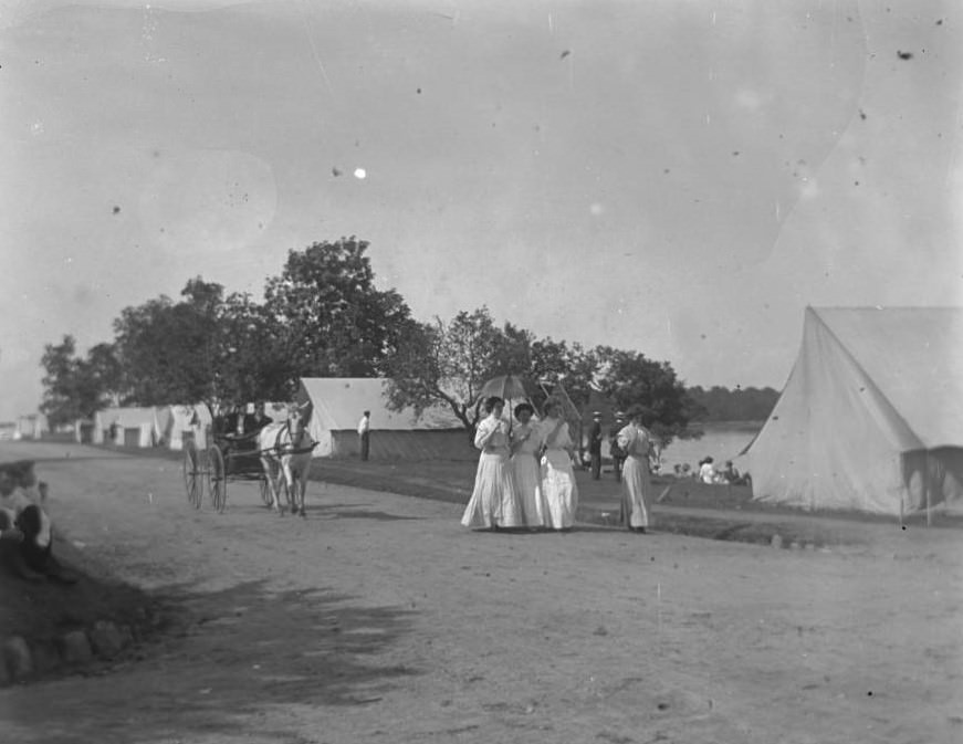 Campsites With Carriage And Women In White At Orchard Beach, Bronx, 1908.