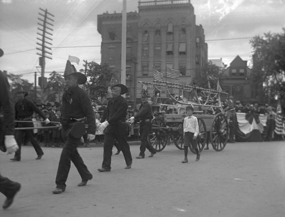 Men Pulling A Fire Wagon In A Decoration Day Parade, 1903