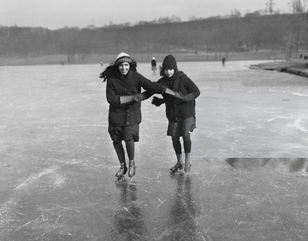 Two Girls Ice Skate On Van Cortlandt Lake, Van Cortlandt Park, Bronx, 1917.
