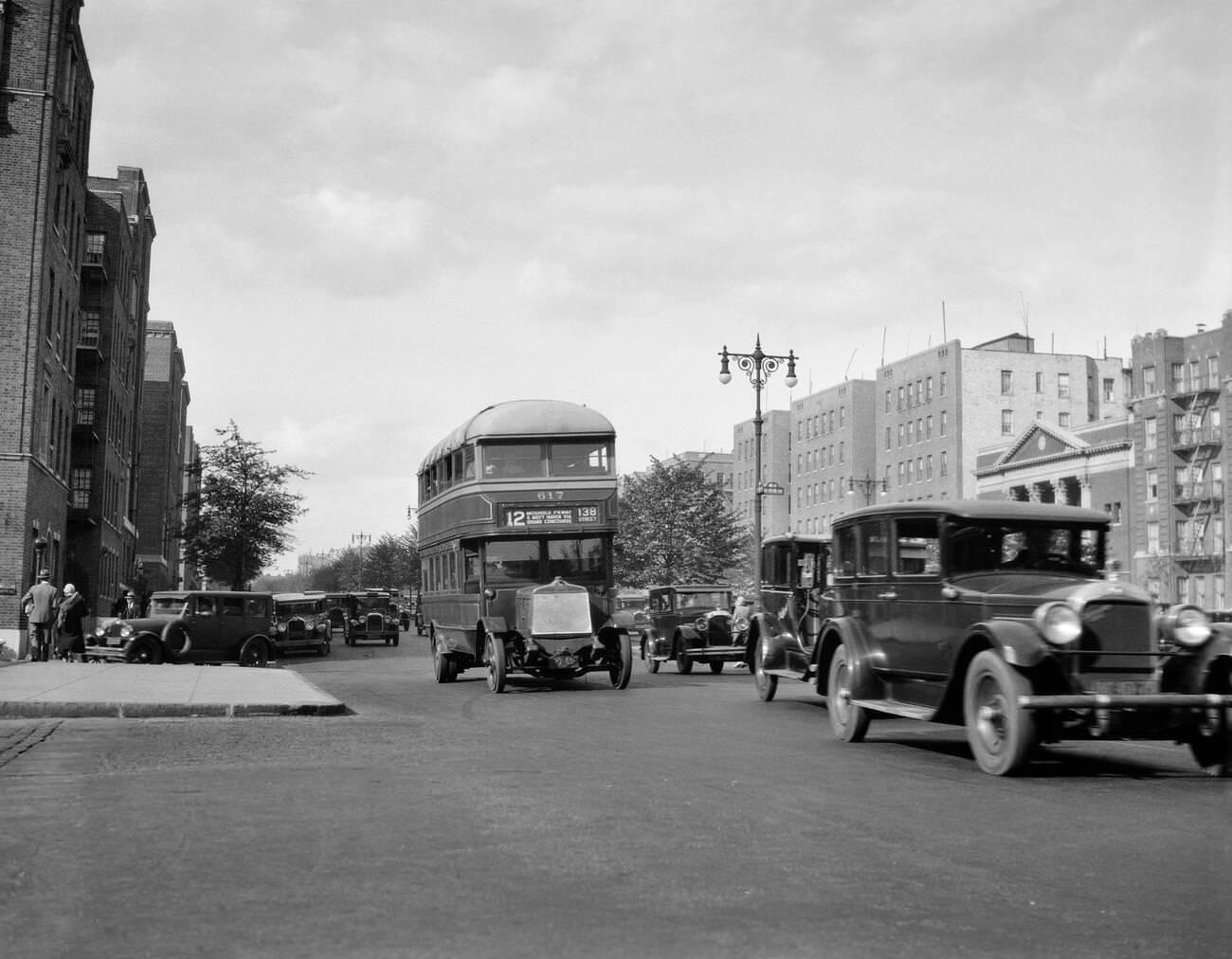 Double-Decker Bus And Cars On Grand Concourse, Bronx, In The 1920S Or 1930S.