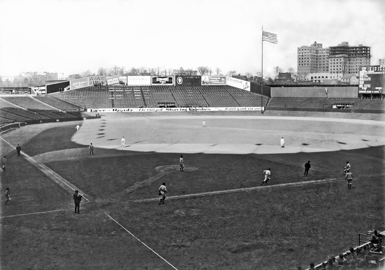 A Baseball Game At Yankee Stadium, Bronx, Circa 1924, With Empty Bleachers.