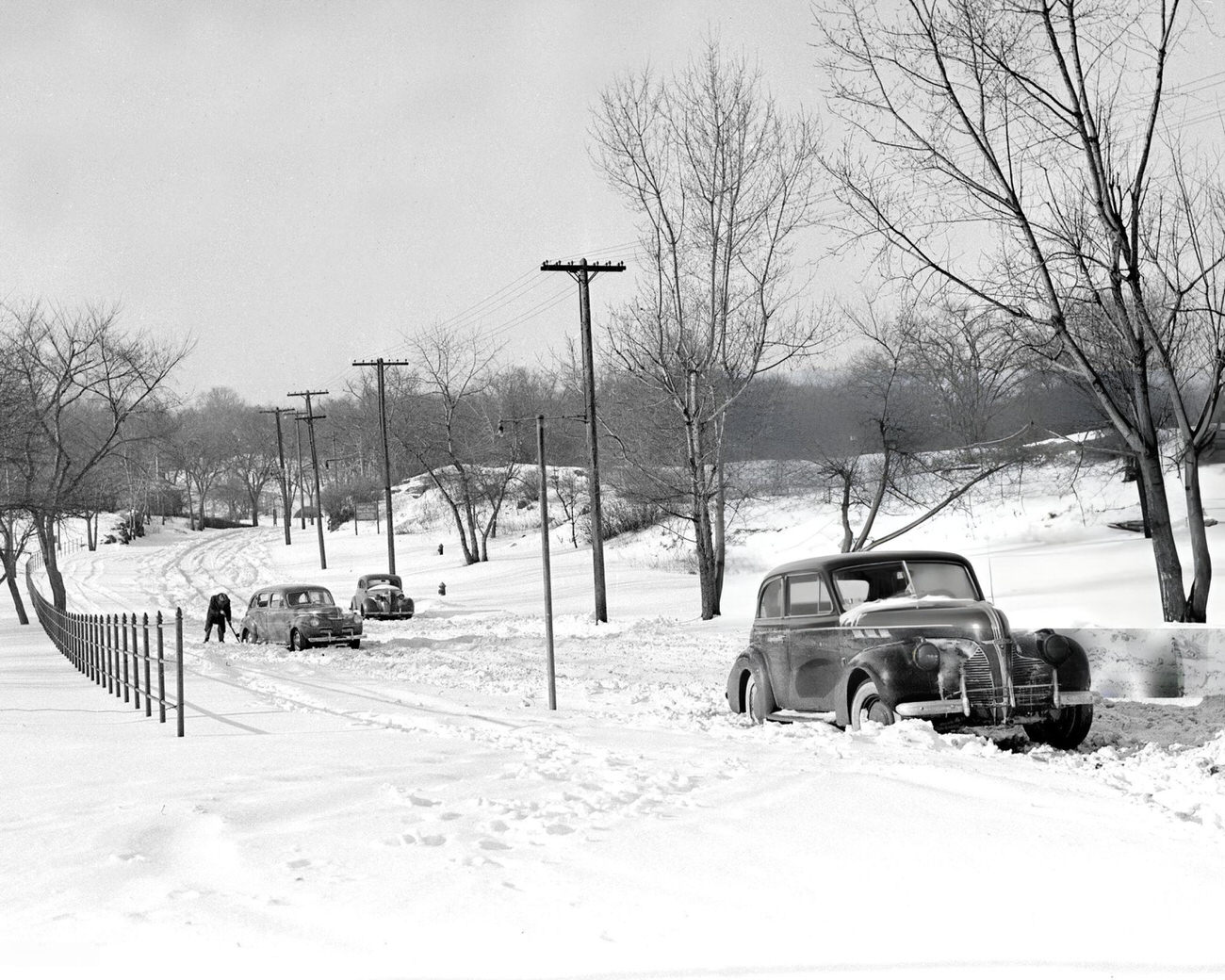 Drivers Struggle To Find The Boston Post Road Under A Blanket Of Snow, 1940S