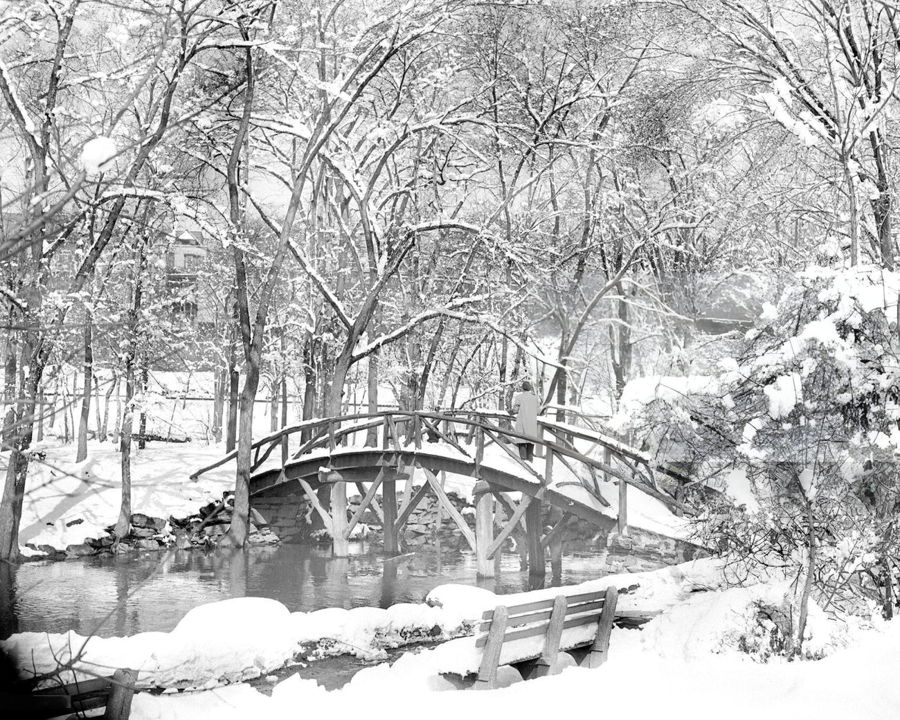 A Snow-Covered Footbridge Over The Bronx River At Burke Avenue, 1940S