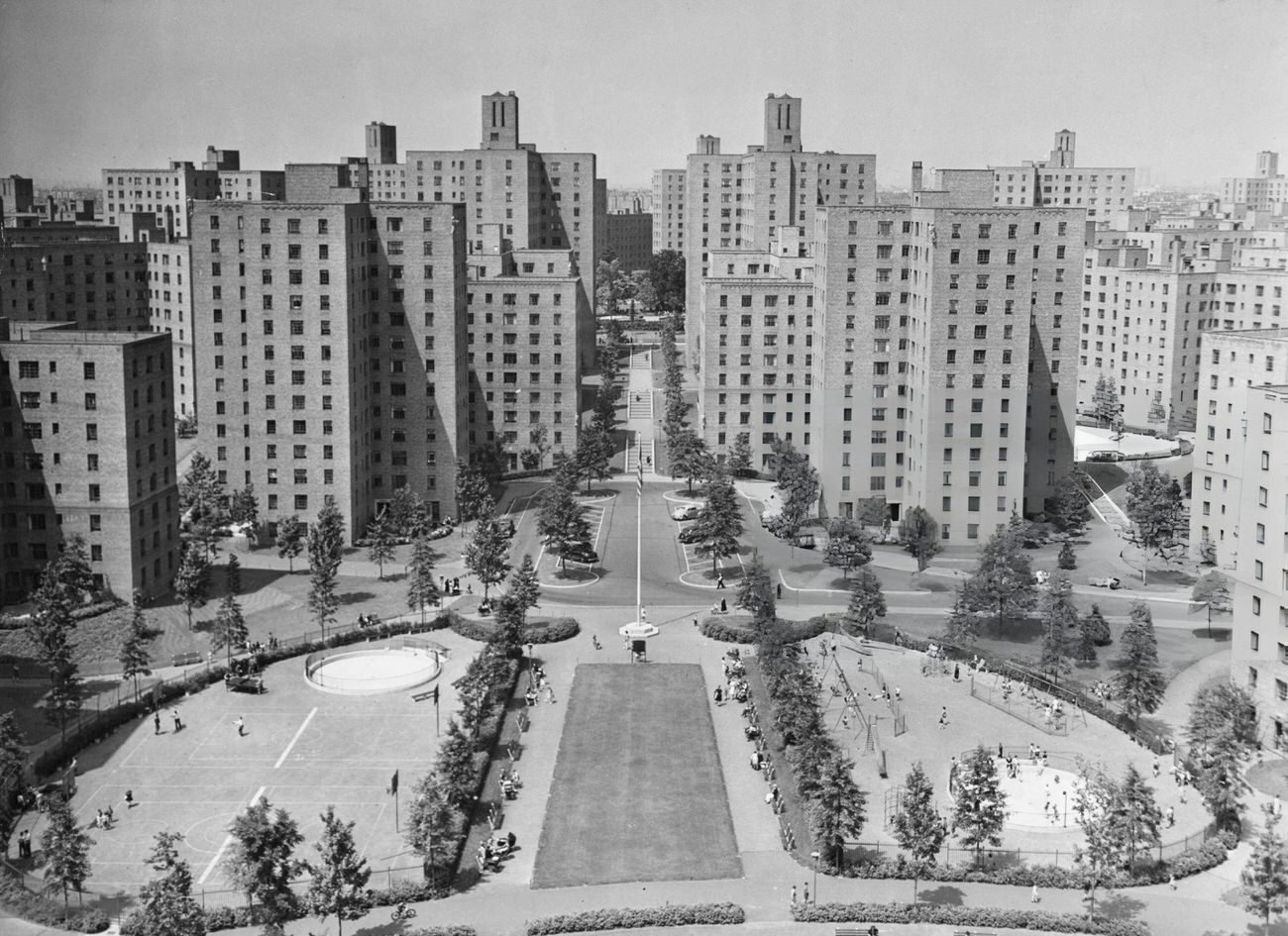 High-Angle View Of Parkchester, Showing Apartment Buildings And Landscaped Grounds In The Bronx, Circa 1942.