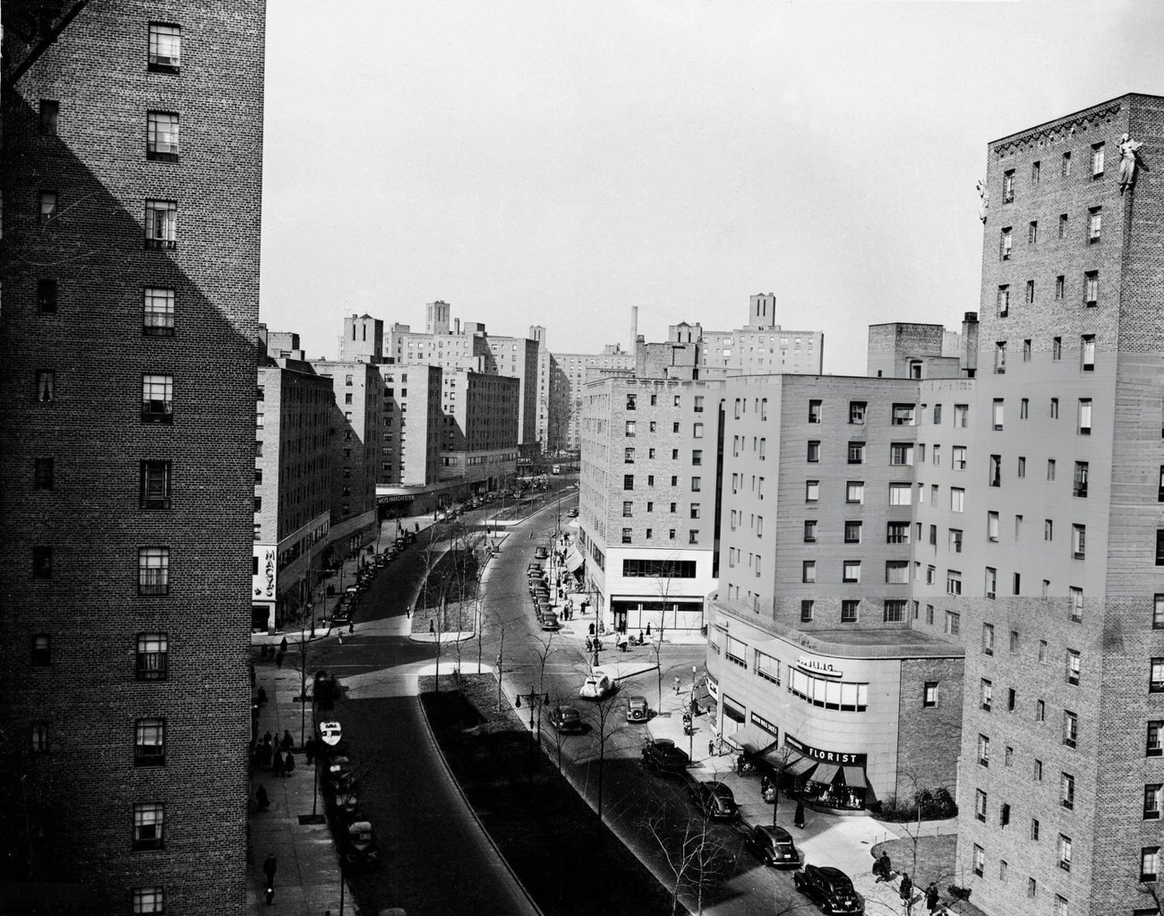 High-Angle View Of Parkchester Housing Development And Ground-Level Stores In The Bronx, 1940S.