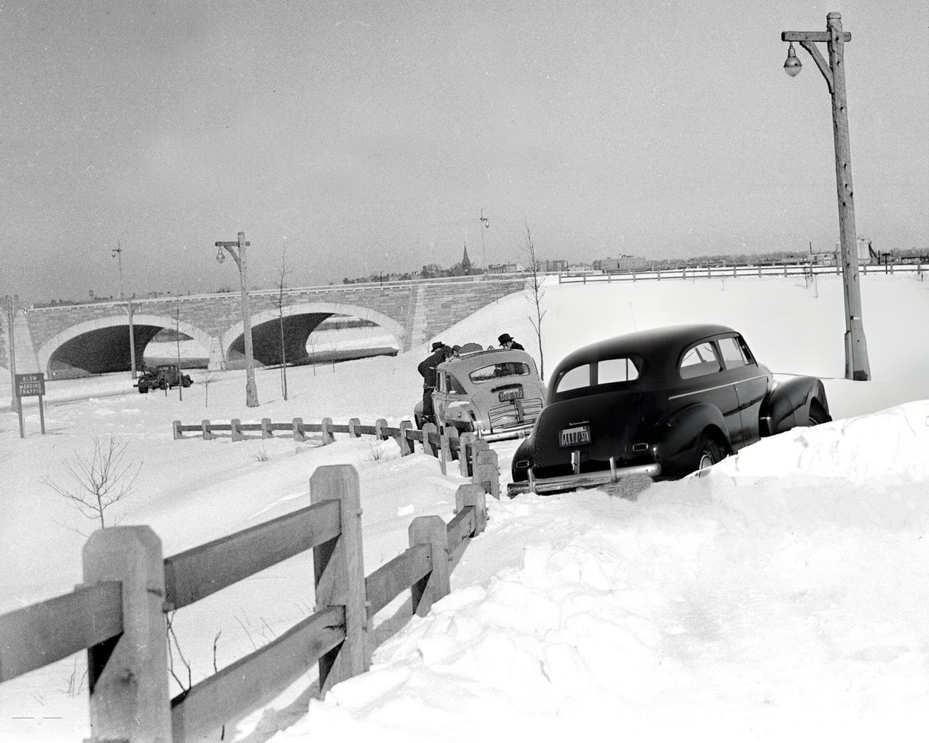 A Taxi And Car Trapped In Snowdrifts On A Ramp Leading Into Hutchinson River Parkway, 1940S