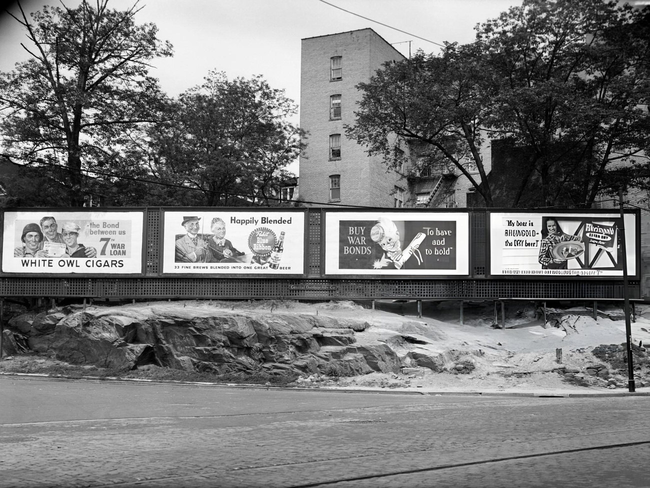 Wartime Billboards For Cigars, Beer, And Coca-Cola, All Promoting War Bonds On Burnside Avenue In The Bronx, 1945.