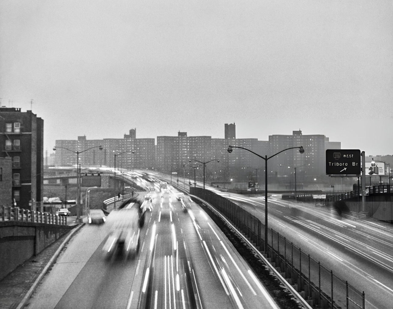 Early Morning Traffic Creates Streaks Of Light Along The Cross Bronx Expressway In The Bronx, 1965.