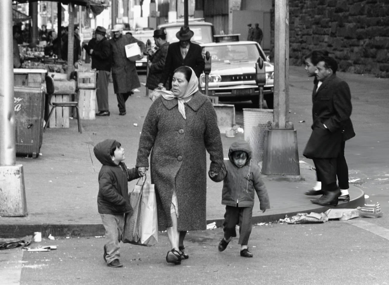 A Woman And Two Small Children Cross The Road At The Bronx-End Of Park Avenue, 1967.