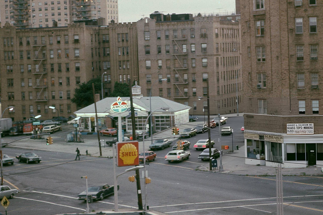 An Intersection Near Amoco And Shell Gas Stations In The Bronx Is Busy, 1976.