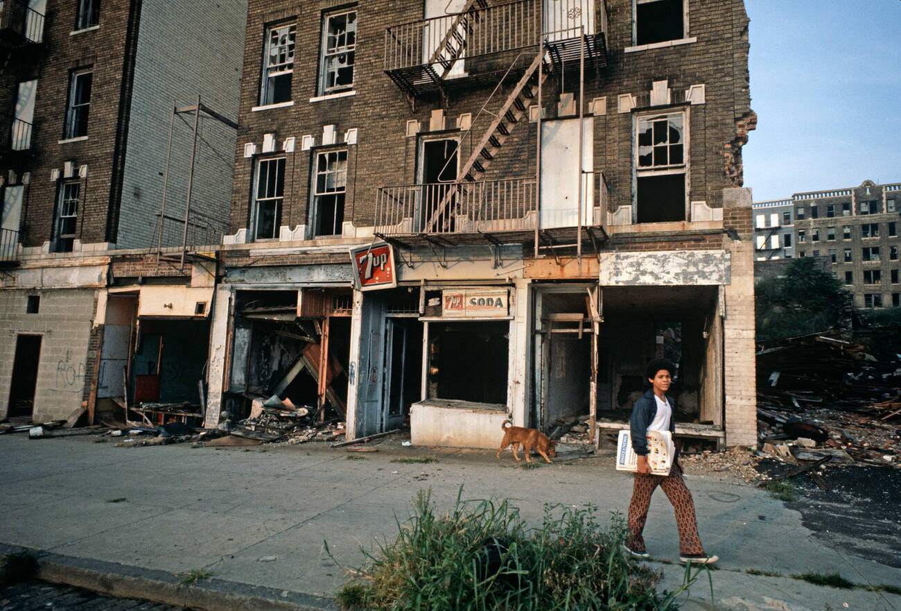 Burnt-Out Tenement Blocks And Shops In The South Bronx, 1977.