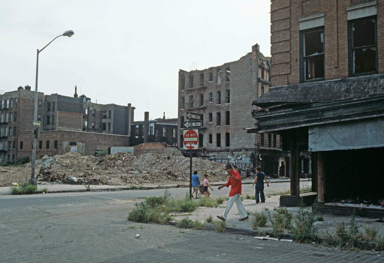 Burnt-Out Tenement Blocks And Shops In The South Bronx, 1977.