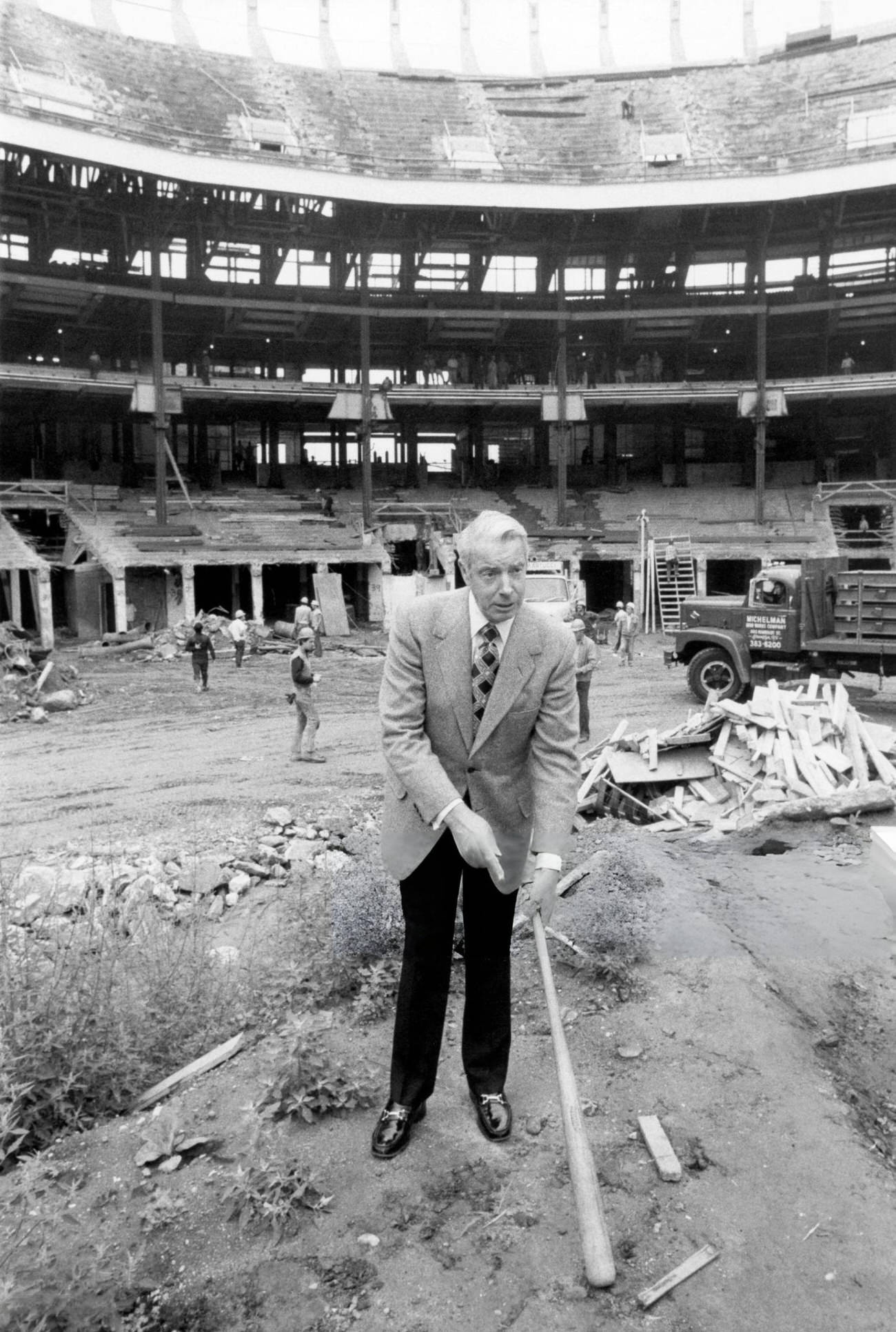 Joe Dimaggio Stands Where Home Plate Once Was At Yankee Stadium During Renovations, 1974.