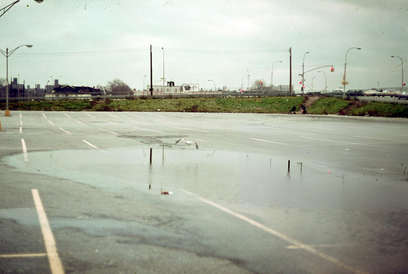 Seagulls Fly Past Standing Water In A Bronx Parking Lot, 1980.