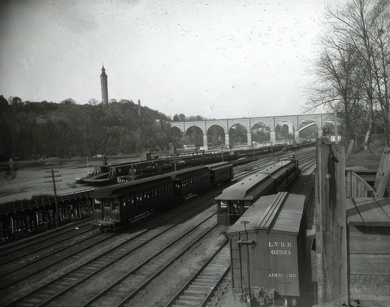 Surroundings Of High Bridge Showing Water Tower And Railroad Tracks, Circa 1910.