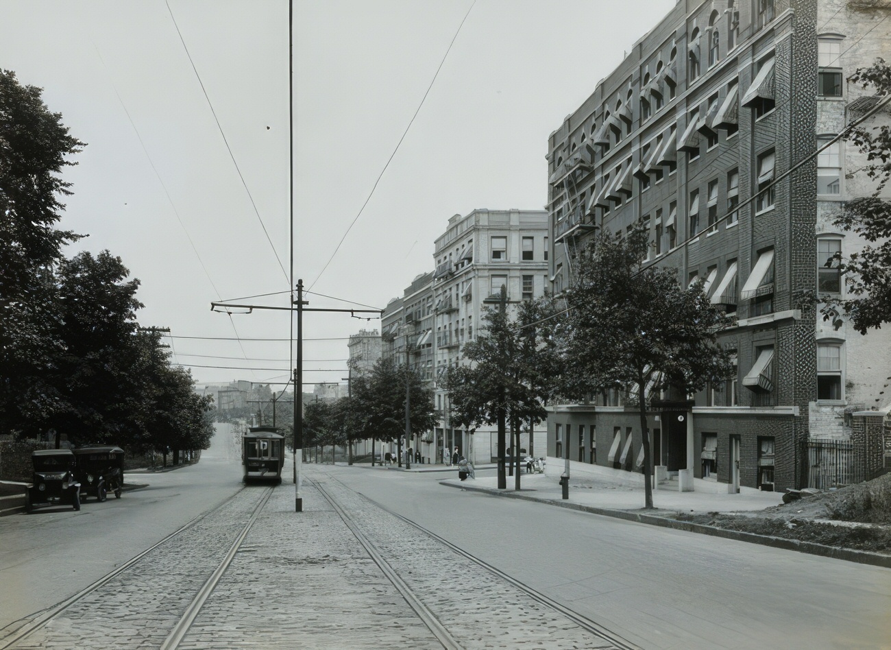 A Streetcar And Apartment Buildings, Likely In The Bronx, Circa 1915.